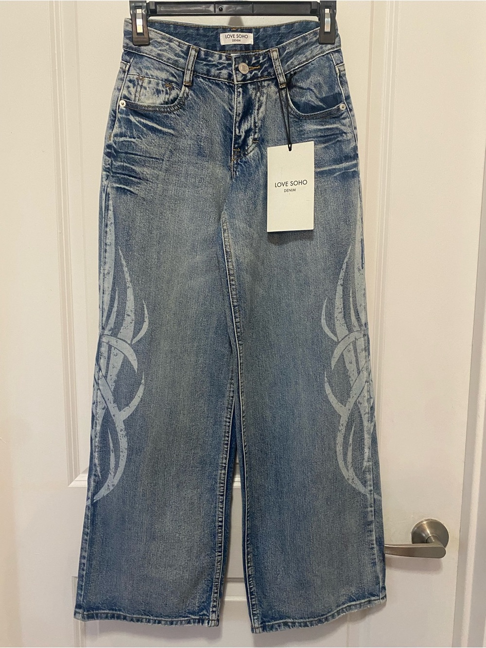 Love Soho Women's Blue Wide-Leg Jeans with Tribal Side Print